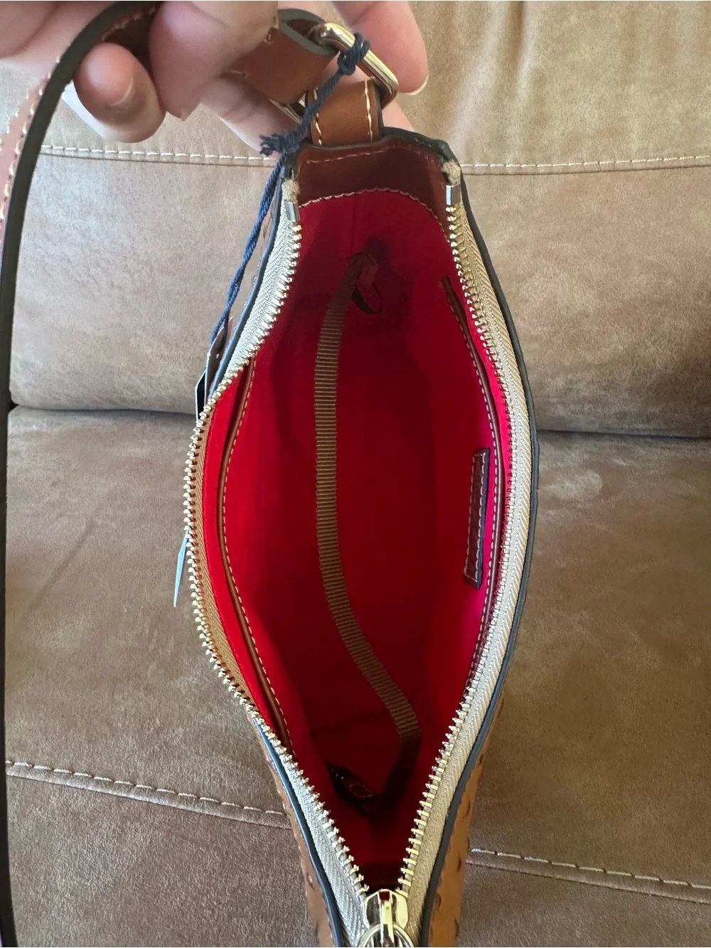 Dooney & Bourke Cognac Ostrich-Embossed Shoulder Bag with Matching Coin Purse